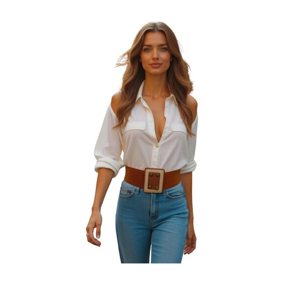 Women Brown Wide Elastic Belt Geometric Square Antique Gold Studs S M z042 - Picture 1 of 16